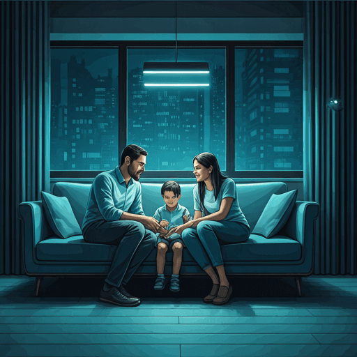 Modern family in a warm, cinematic living room