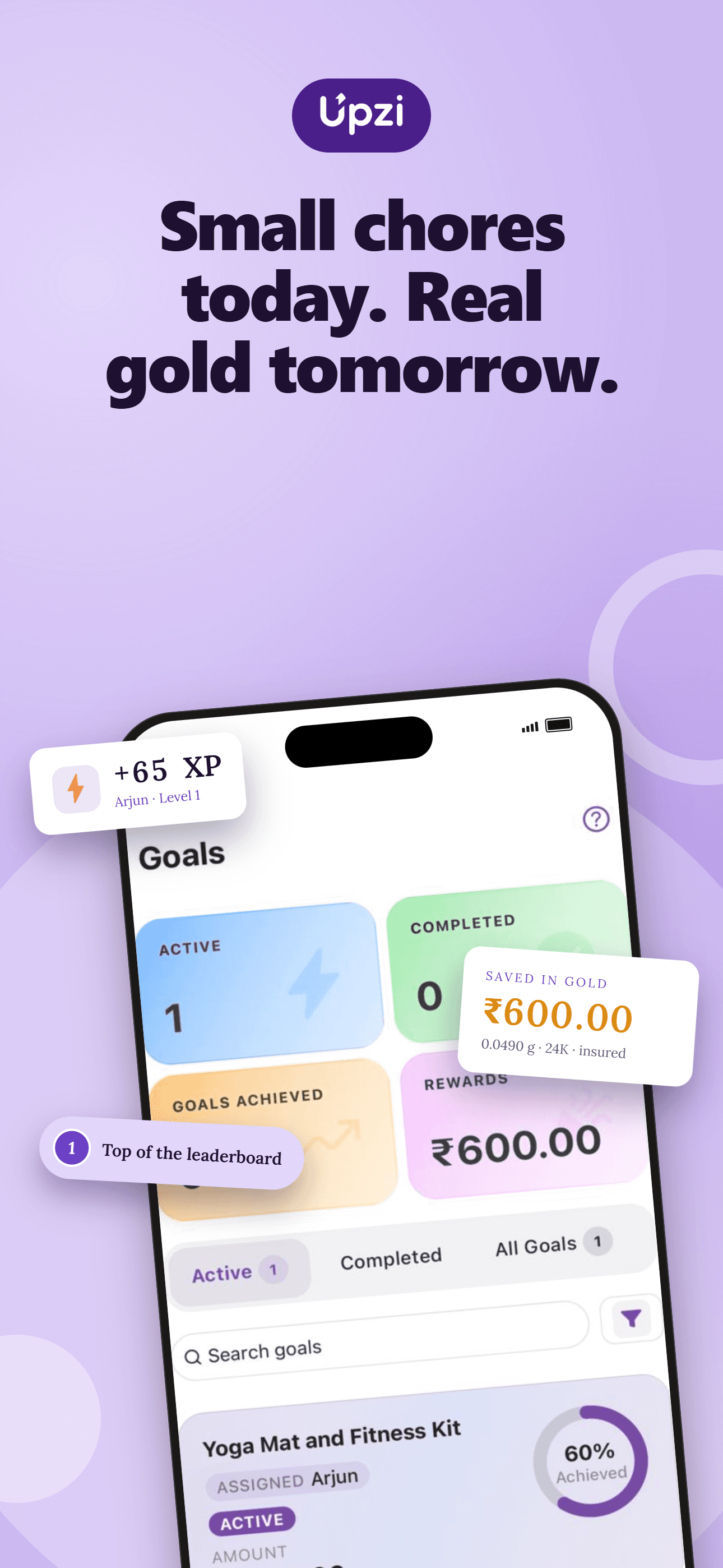 Goals overview screen showing active goals, rewards, and leaderboard standing