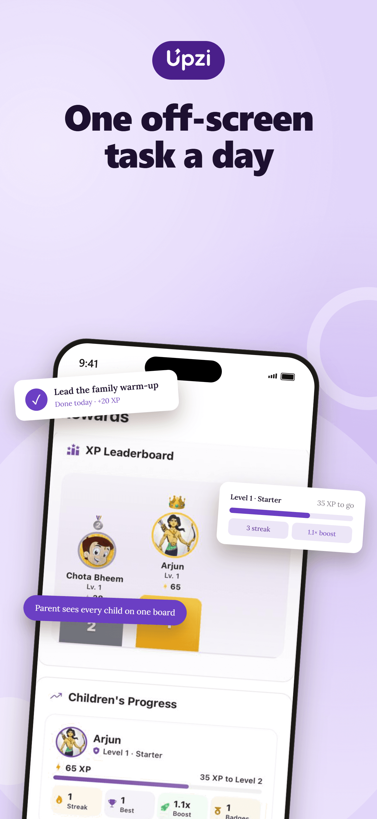 Rewards screen: XP leaderboard and children's progress