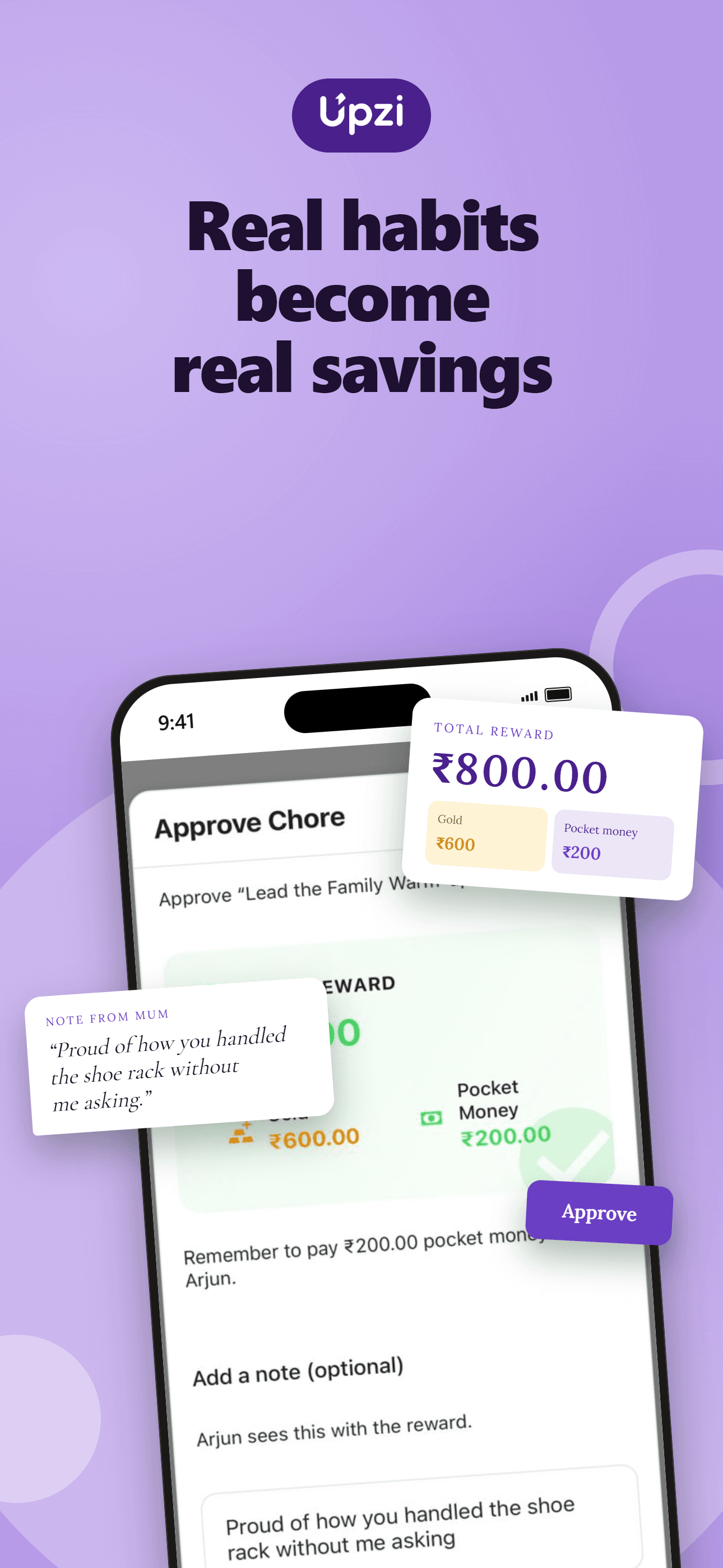 Approve task screen with gold and pocket money reward