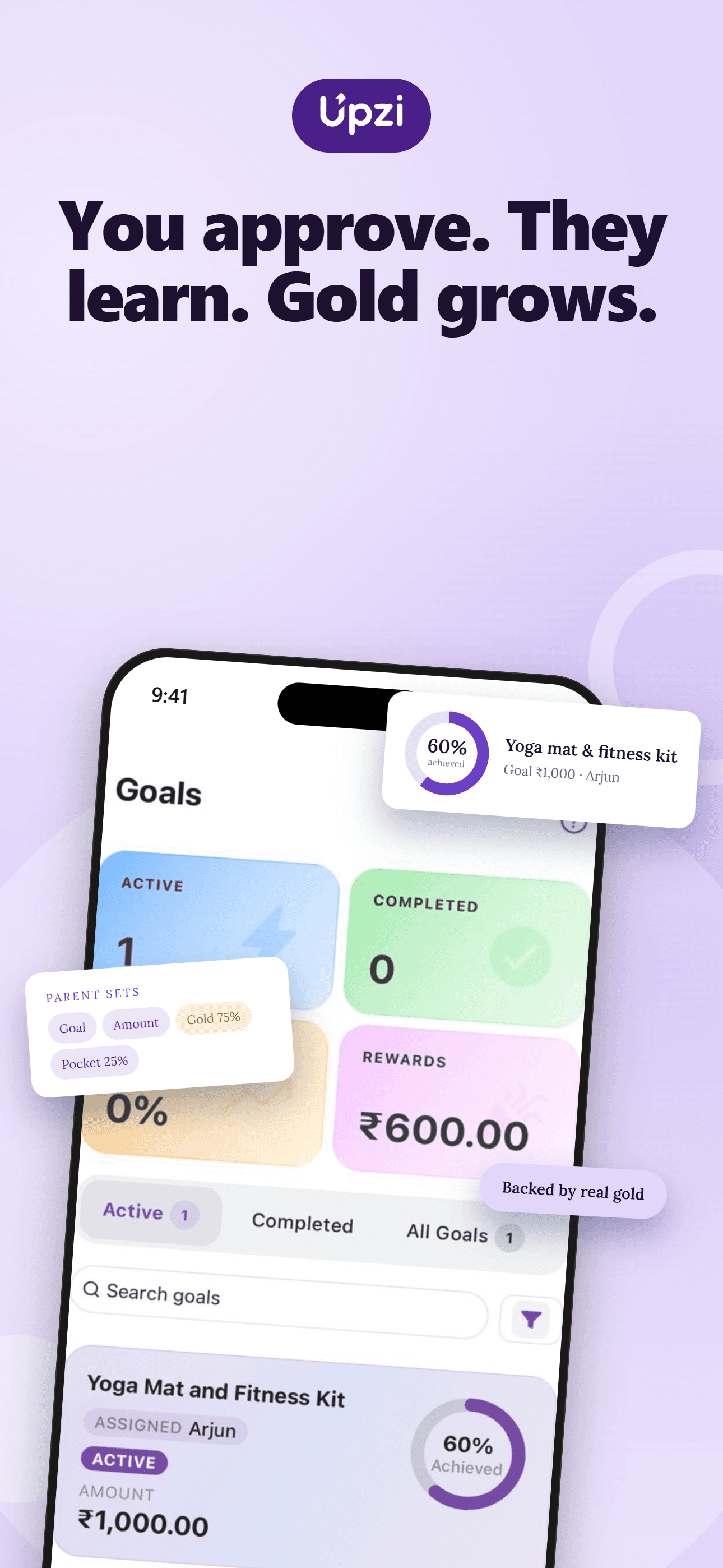 Goals screen showing active savings goal progress