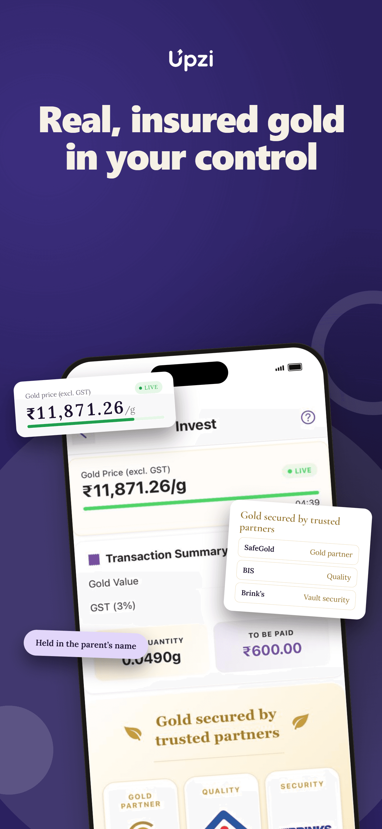 Invest screen showing live gold price and transaction summary