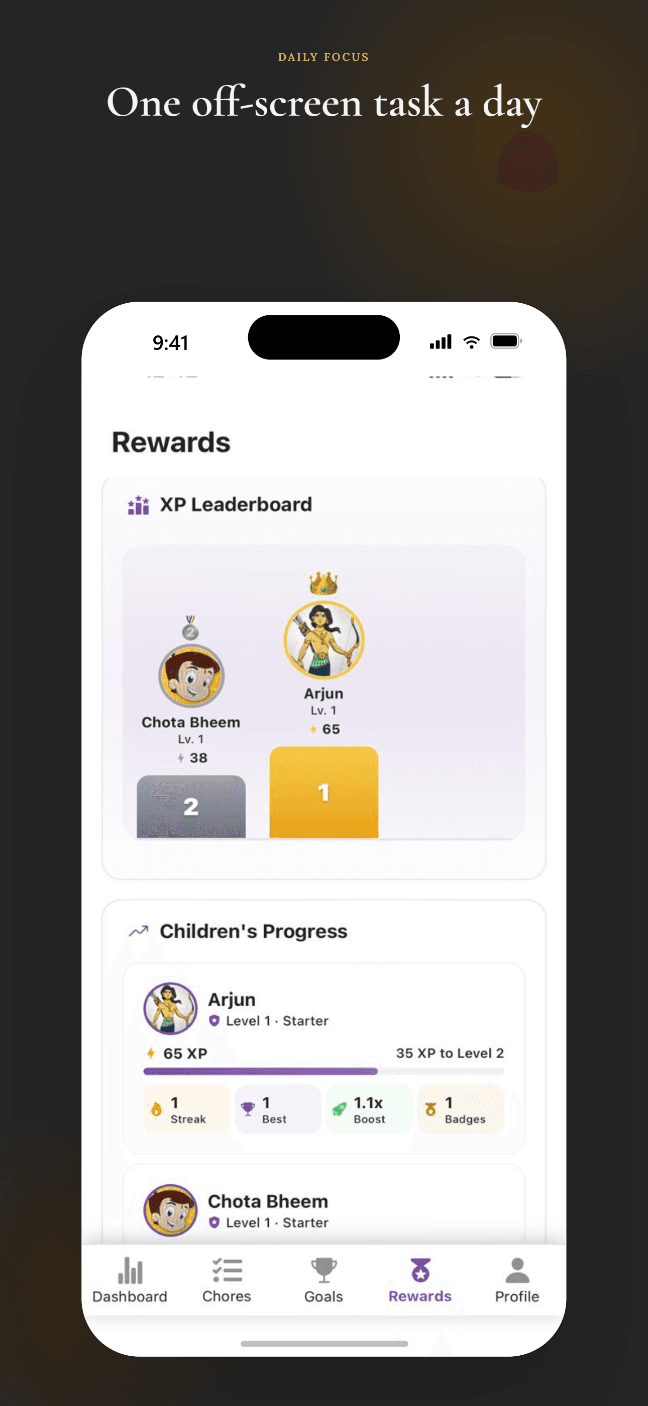 Rewards screen: XP leaderboard and children's progress