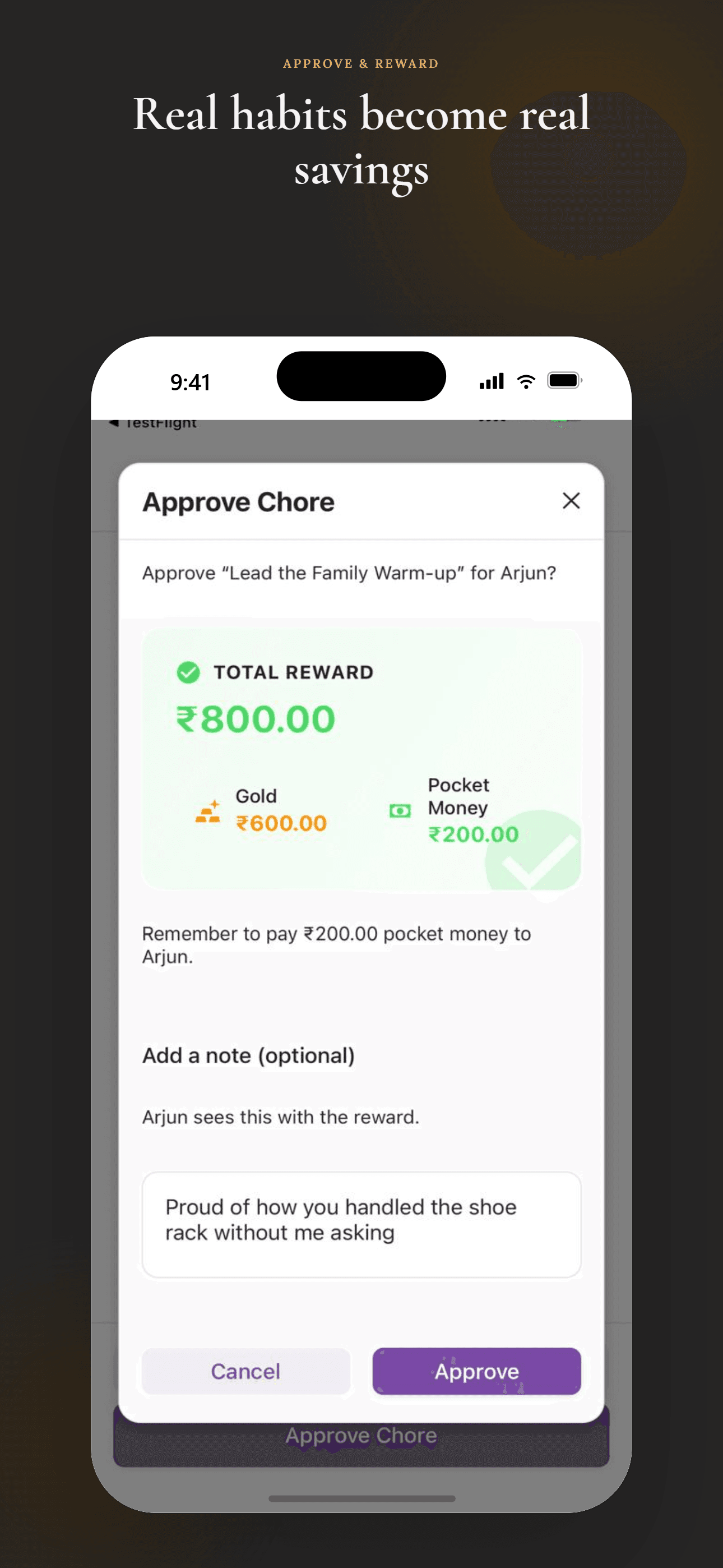 Approve task screen with gold and pocket money reward