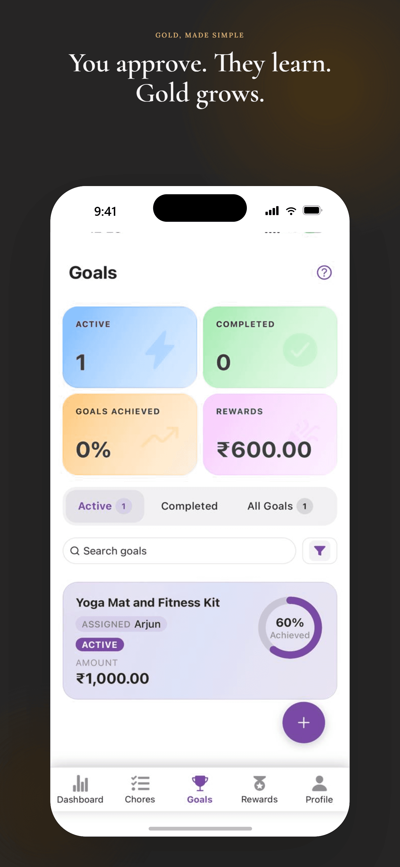 Goals screen showing active savings goal progress