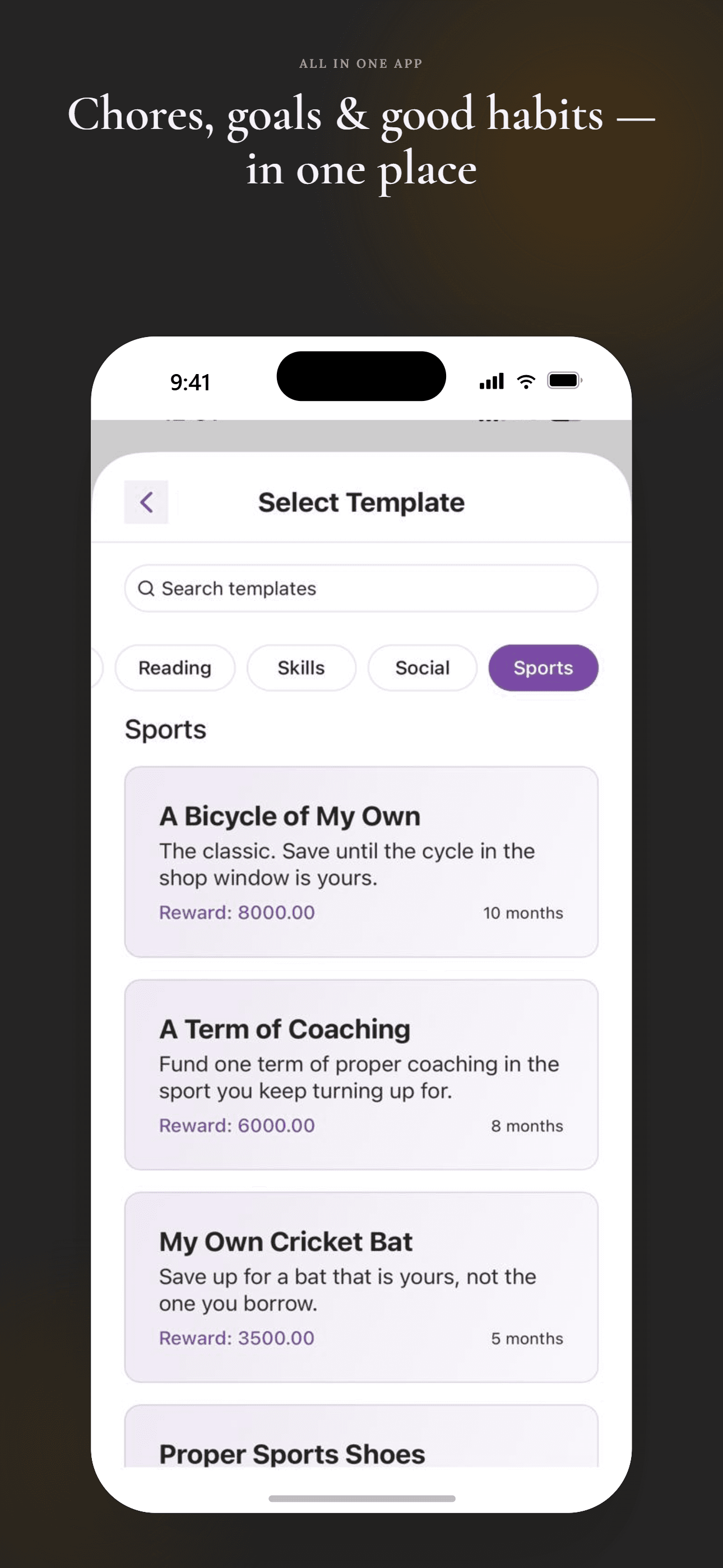Select goal template screen with sports goals