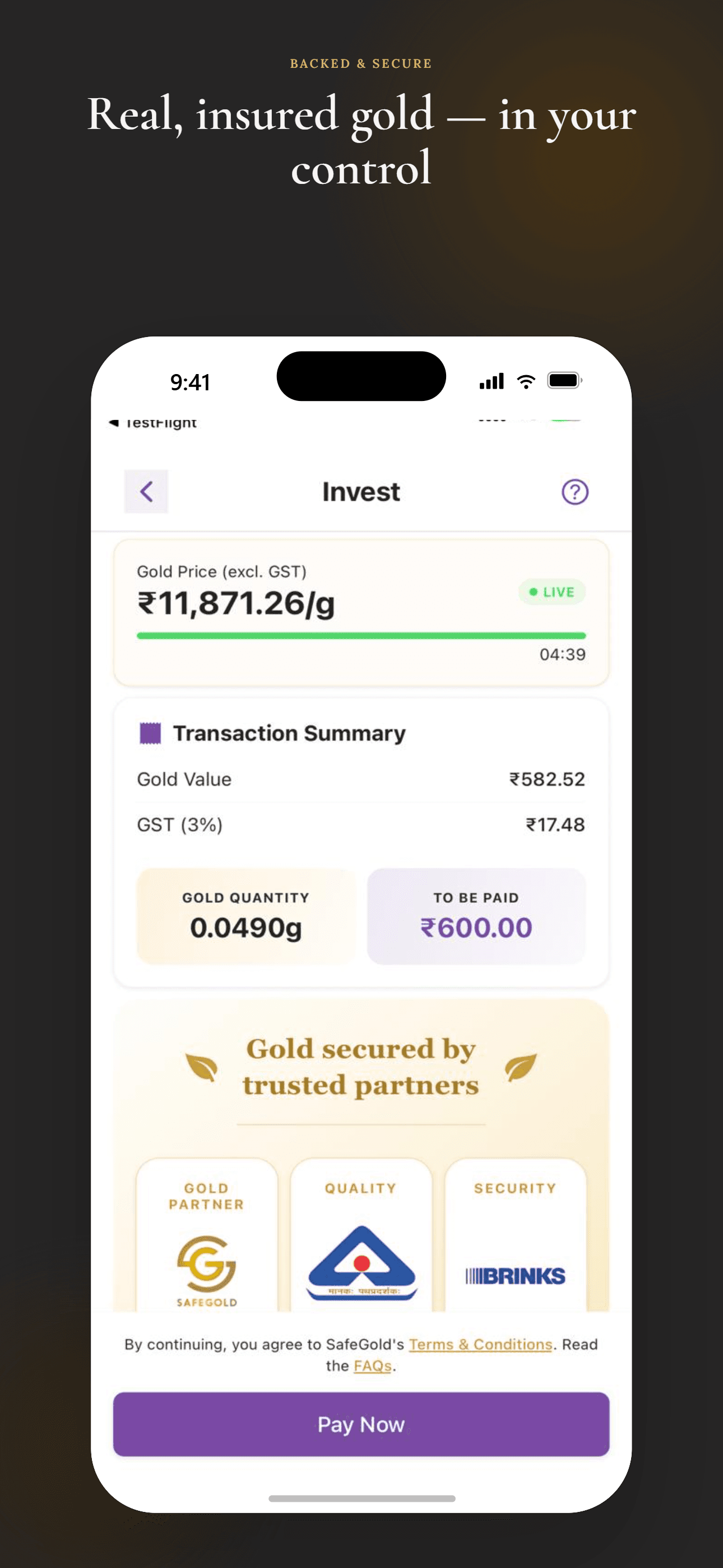 Invest screen showing live gold price and transaction summary